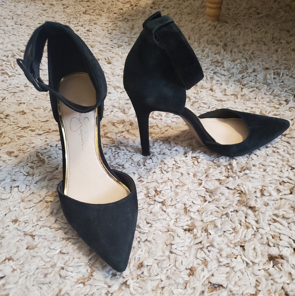 Black suede ankle strap heels